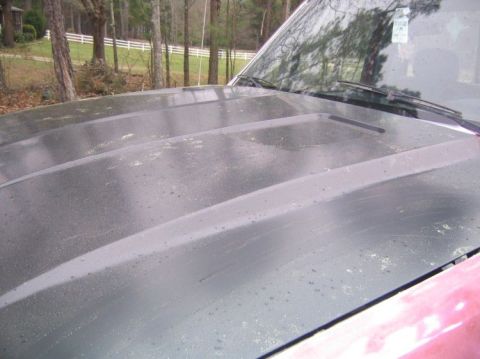 1992 Ford F-150 - Close-up view of a dark grey cowl induction hood, showing its raised center section and textured surface.