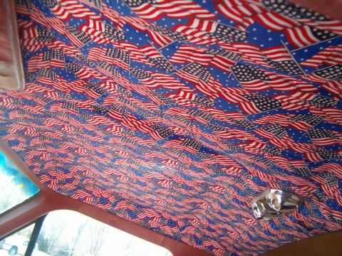 1985 Ford Bronco - The interior of a vehicle features a headliner covered in a repeating pattern of American flags.