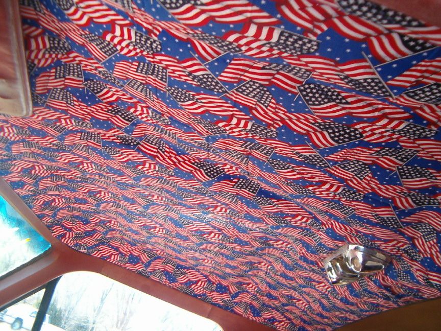 Interior headliner with repeating pattern of American flags