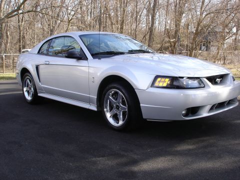 1998 Ford Taurus - This silver Ford Mustang coupe is shown from a 3/4 front angle with trees in the background.