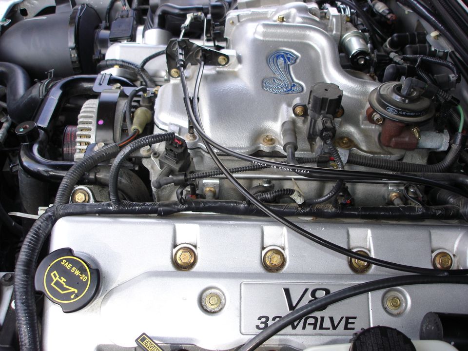 Close-up of a V8 32-valve engine with a Cobra emblem on the intake manifold. SAE 5W-20 oil cap visible