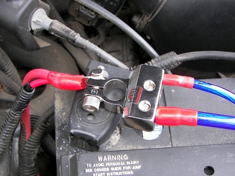 2000 Ford Taurus - Audio System Installation - Battery Terminal Connections for 8G and 4G Amplifier power wires attached via Power Distribution Battery Termin…