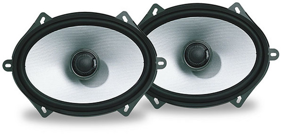 Pair of 5x7 6x8 coaxial car speakers with silver cones and chrome tweeters