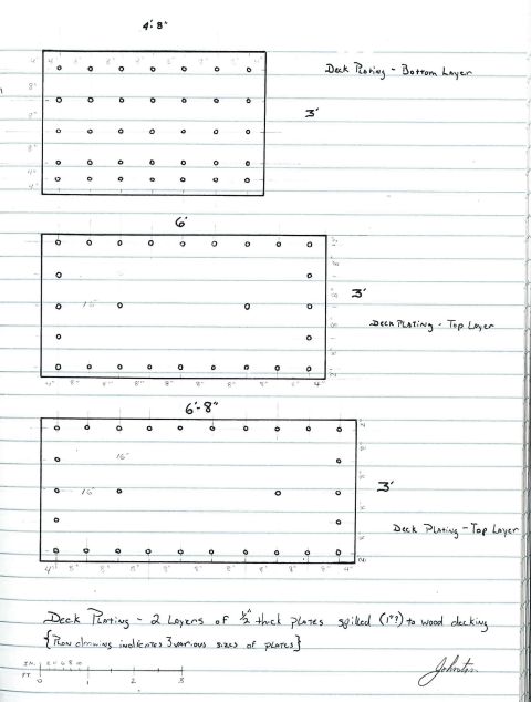 1988 Ford Bronco - Hand-drawn dimensioned drawing of two layers of deck plating with plate sizes and spiked fastener patterns.