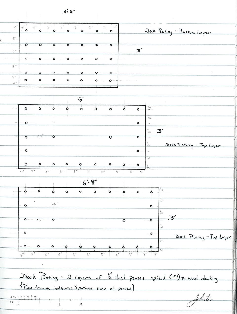 Hand-drawn dimensioned drawing of deck plating layers with bolt patterns