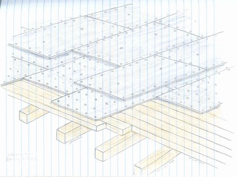 1988 Ford Bronco - Hand-drawn isometric construction drawing of deck plating layers fastened over wood decking and beams.