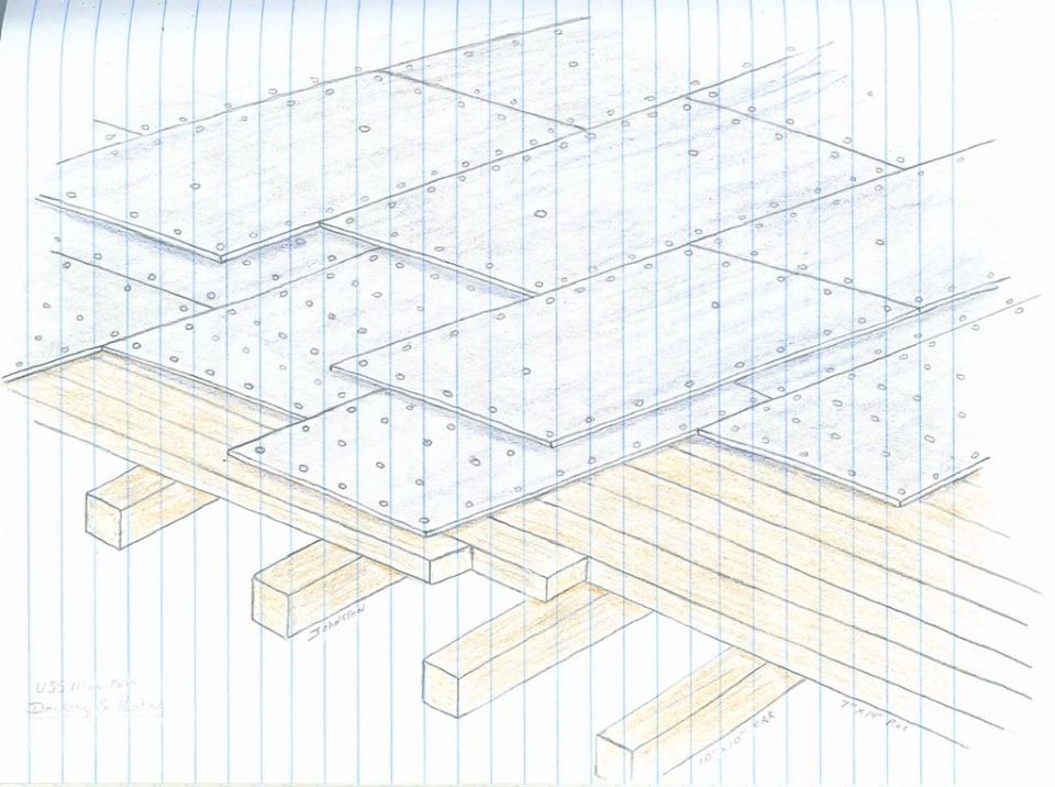Hand-drawn isometric drawing of layered deck plating over wood beams