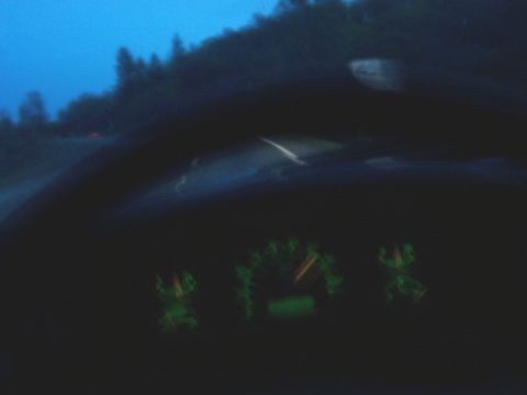 1994 Ford F-150 - The dashboard gauges glow green as the vehicle travels on a road at twilight.
