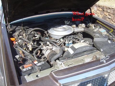 1982 Ford Crown Victoria LTD - The engine bay of a 1982 Ford Crown Victoria LTD is shown with the hood open, revealing various components and wiring.