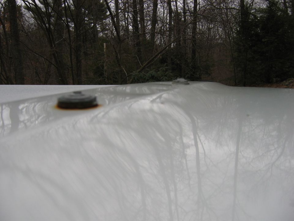 White vehicle roof with two rusty mounting points, trees in background