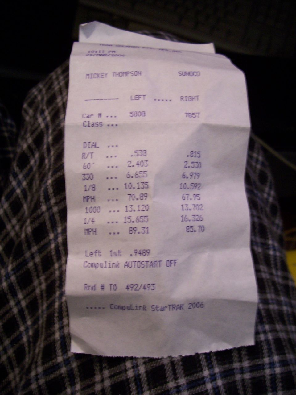 Drag strip time slip with Mickey Thompson and Sunoco branding