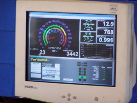 2000 Ford Crown Victoria - A computer screen displays various readings from a vehicle dynamometer test.