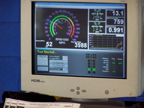 2000 Ford Crown Victoria - A dyno screen displays various performance metrics including speed, RPM, AFR, and force readings.