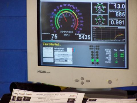 2000 Ford Crown Victoria - Dyno test results screen shows speed, RPM, and power output data.