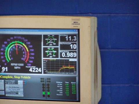 2000 Ford Crown Victoria - A dyno computer displays various performance metrics for a vehicle.