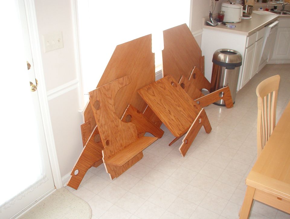 A freak snowstorm blew through, and I didn't want moisture or kerosene (from the heater) affecting the wood or the stain, so I had to move them inside to finish drying.