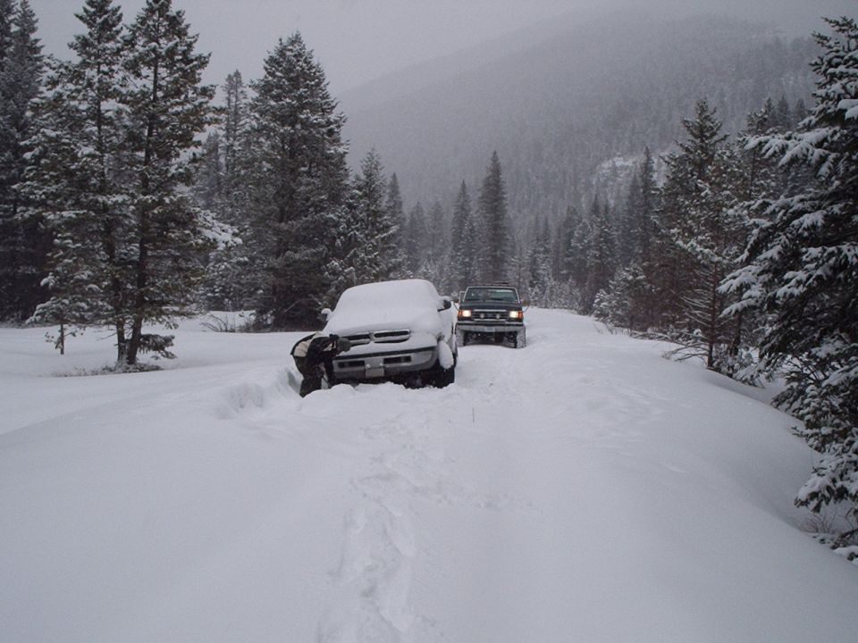 Snow-covered truck stuck on snowy forest road with a dark Ford vehicle behind it, headlights on, evergreens around