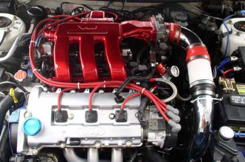 1996 Ford Probe - Engine bay details showing a Ford engine with a red intake manifold and custom modifications.