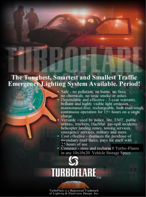 1998 Ford Crown Victoria - This ad promotes the TurboFlare emergency lighting system, highlighting its durability and versatility for various emergency services.