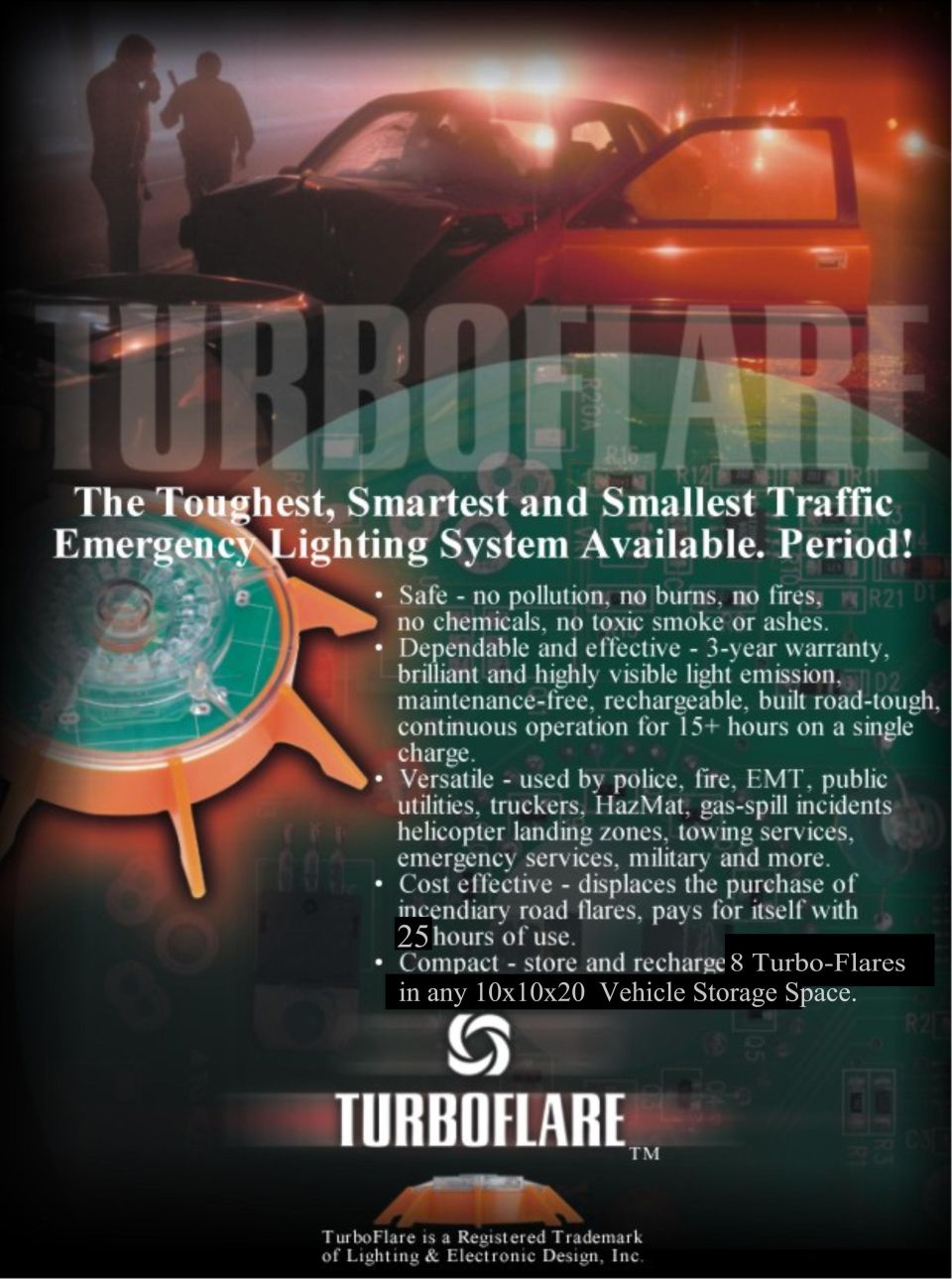 TurboFlare rechargeable traffic emergency lighting system advertisement with feature list