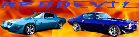 1979 Pontiac Trans Am - Two muscle cars, one blue and one light blue, are shown with text "REDDEVIL" in the background.