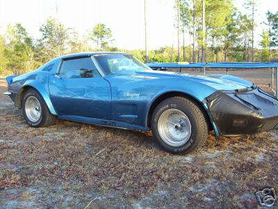 1993 Ford Bronco - A blue Chevrolet Corvette is parked on dry grass with trees in the background.
