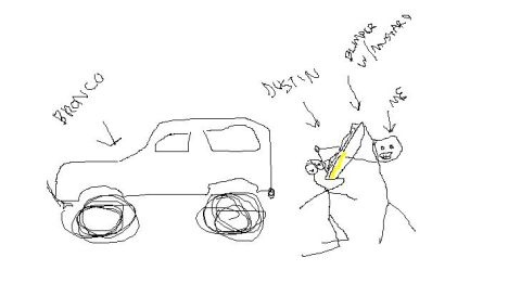 1984 Ford Bronco - A crude drawing depicts a Bronco and two stick figures, one labeled 'DUSTIN' and the other 'ME'.