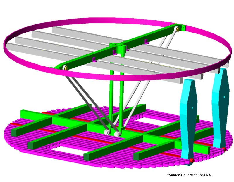 3D CAD rendering of a circular frame and lift mechanism assembly
