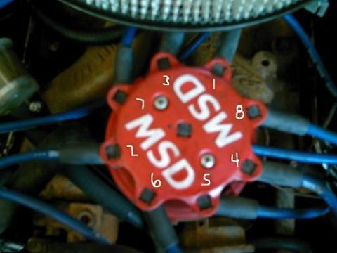 1986 Ford Bronco - Close-up of an MSD distributor cap with numbered terminals and spark plug wires.