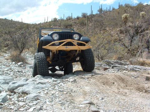1981 Ford F-150 - A modified Jeep navigates a , arid landscape with cacti and sparse vegetation.