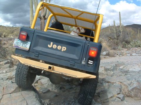 1981 Ford F-150 - A dark blue Jeep CJ-7 with a yellow roll cage navigates a rocky desert trail with a dog in the passenger seat.