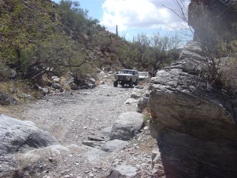 1981 Ford F-150 - Two trucks navigate a challenging, rocky path through a desert landscape with sparse vegetation.
