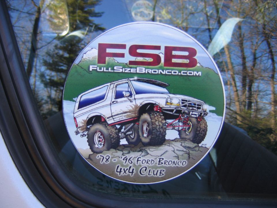 Round FullSizeBronco.com FSB 4x4 club window decal with lifted Bronco artwork