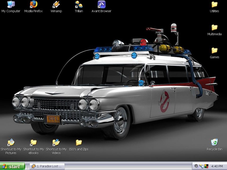 Ghostbusters Ecto-1 Cadillac wallpaper on a Windows XP desktop screenshot
