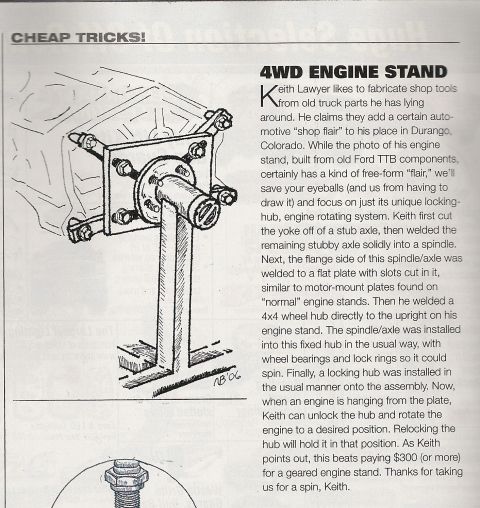 1978 Ford Bronco - Scanned magazine article describing how to fabricate a 4WD engine stand from old Ford TTB axle parts.