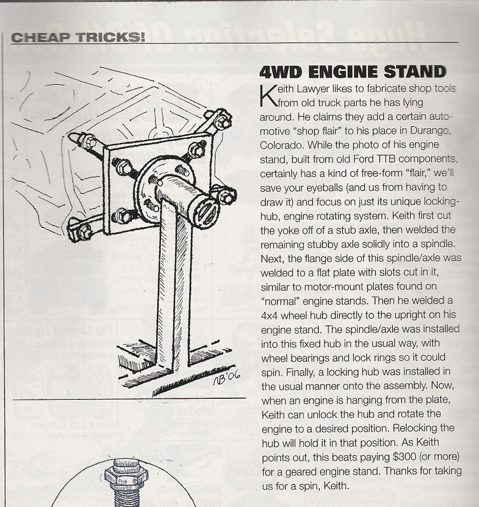 Scanned magazine Cheap Tricks page describing a homemade 4WD engine stand