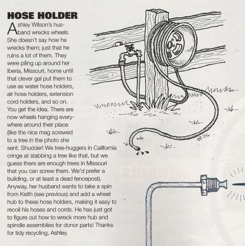 1978 Ford Bronco - Scanned magazine Cheap Tricks article about using old wheel hubs as garden hose holders, with illustration.