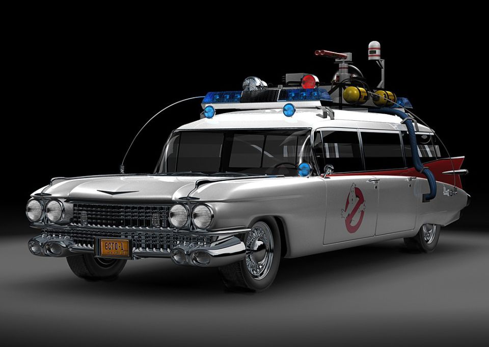 Ghostbusters Ecto-1 car with siren lights and equipment on roof, license plate reads ECTO-1