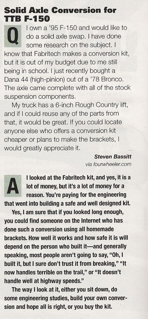 1978 Ford Bronco - Scanned magazine tech Q&A column headlined "Solid Axle Conversion for TTB F-150," in which reader Steven Bassitt asks about swapping a high…