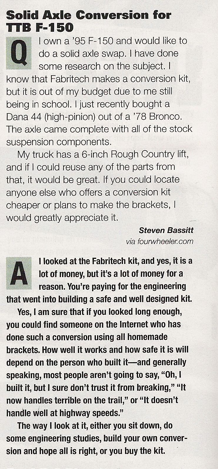 Magazine Q&A on a solid axle conversion for a TTB '95 F-150 using a '78 Bronco Dana 44
