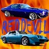1979 Pontiac Trans Am - Two muscle cars are shown with flames in the background and the text 'RED DEVIL' overlayed.