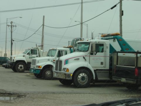 1992 Ford Bronco - Several tow trucks are parked in an outdoor lot under an overcast sky.