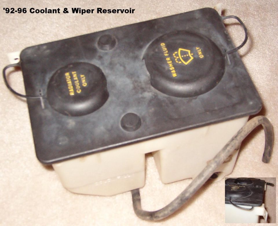 Combined coolant and washer fluid reservoir with black cap labeled '92-96