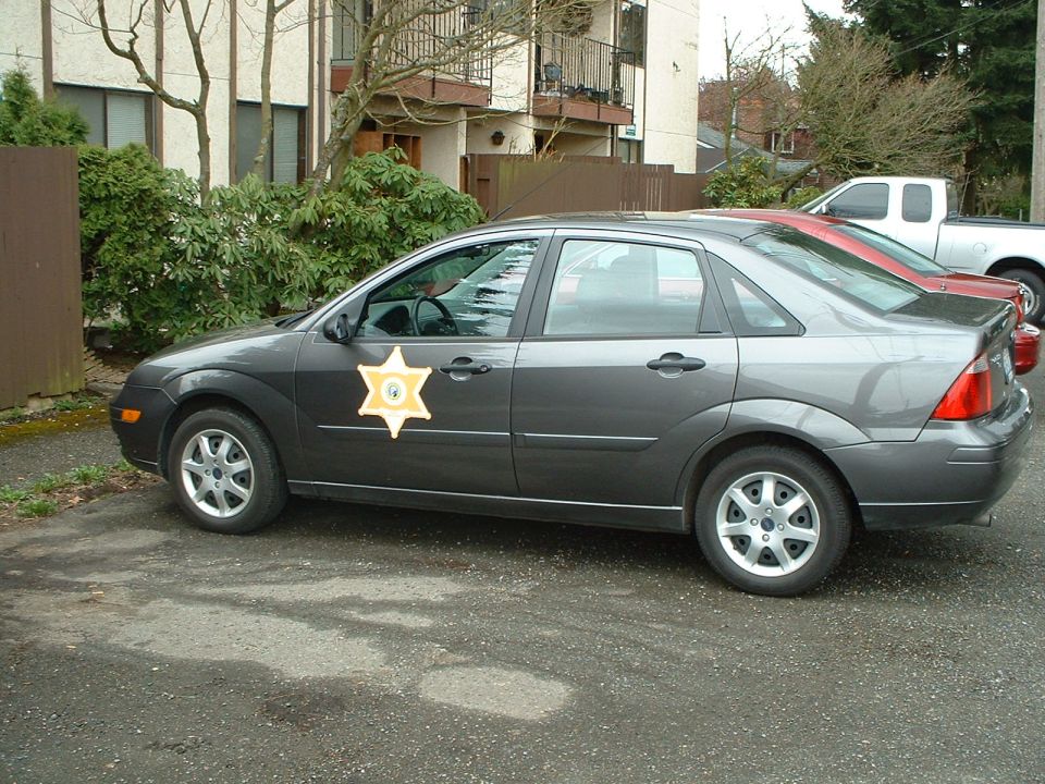 Dark gray sedan with a sheriff's star badge on the door, seen from the side