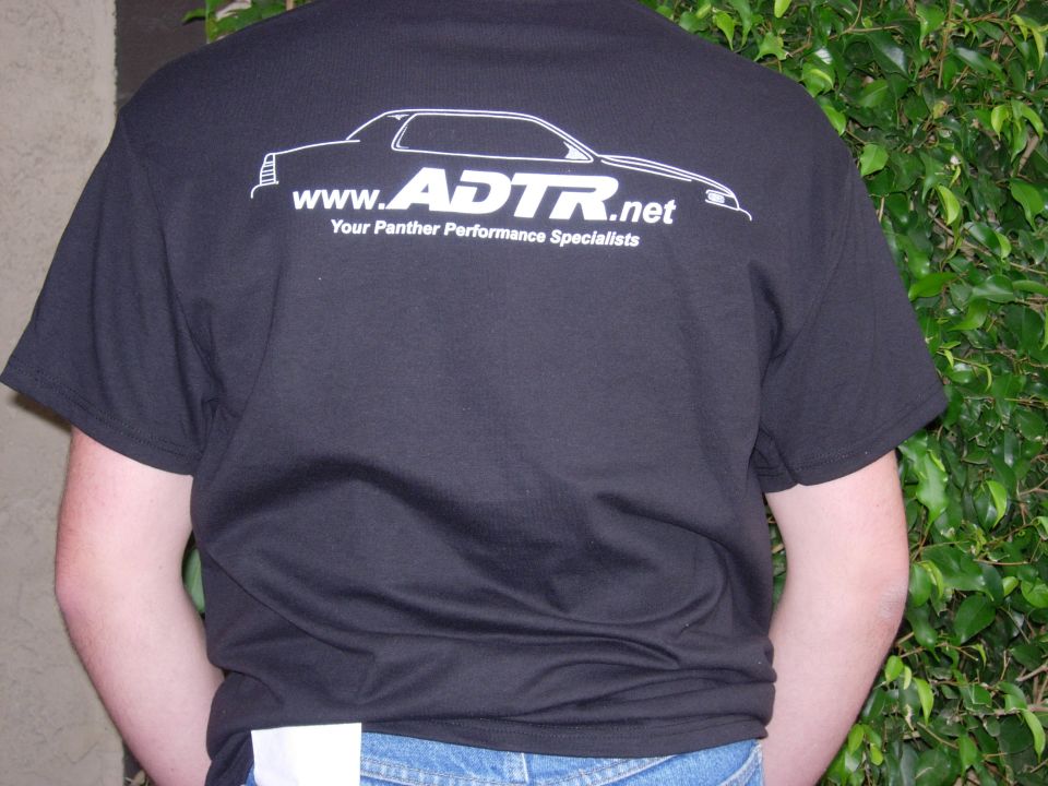 Back of black T-shirt with white ADTR.net car-silhouette print