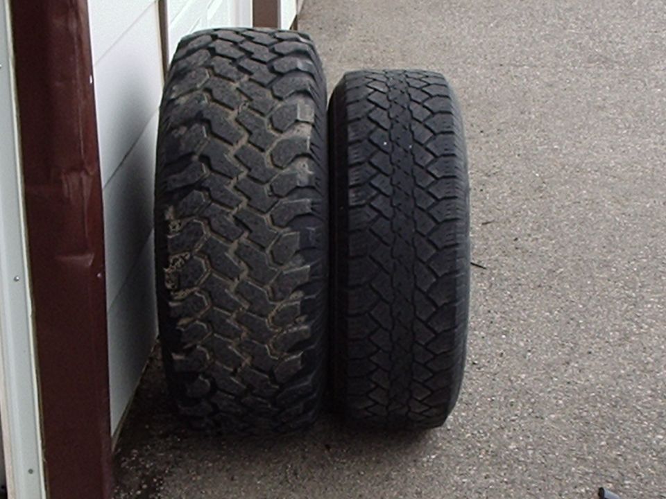 Large off-road tire and smaller street tire side-by-side