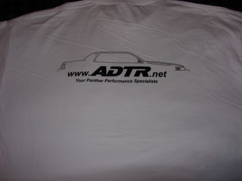 1998 Ford Crown Victoria - white T-shirt laid flat showing a black car silhouette, www.ADTR.net, and Your Panther Performance Specialists logo.