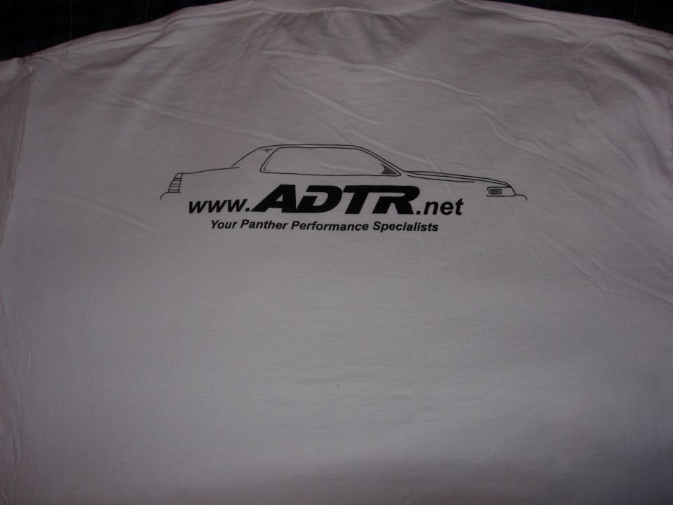 White T-shirt with black ADTR.net car-silhouette logo print