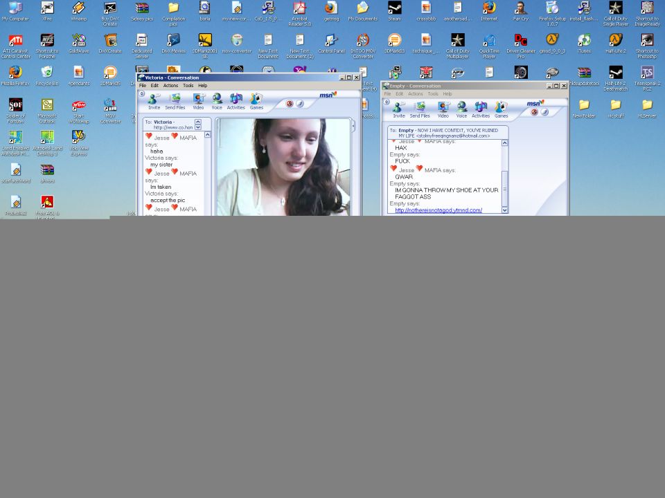 Desktop screenshot showing two chat windows, one with a video call of a young woman, and another with text messages. A website address is visible at the bottom