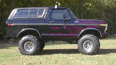 1978 Ford Bronco - A modified 1978 Ford Bronco with custom flame paint and large off-road tires sits on a grassy field.